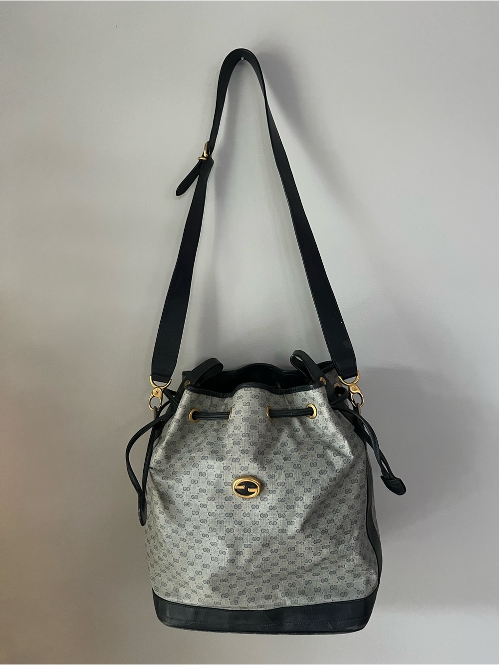 Gucci Navy Blue Monogram Drawstring Shoulder Bucket Bag with Navy Trim